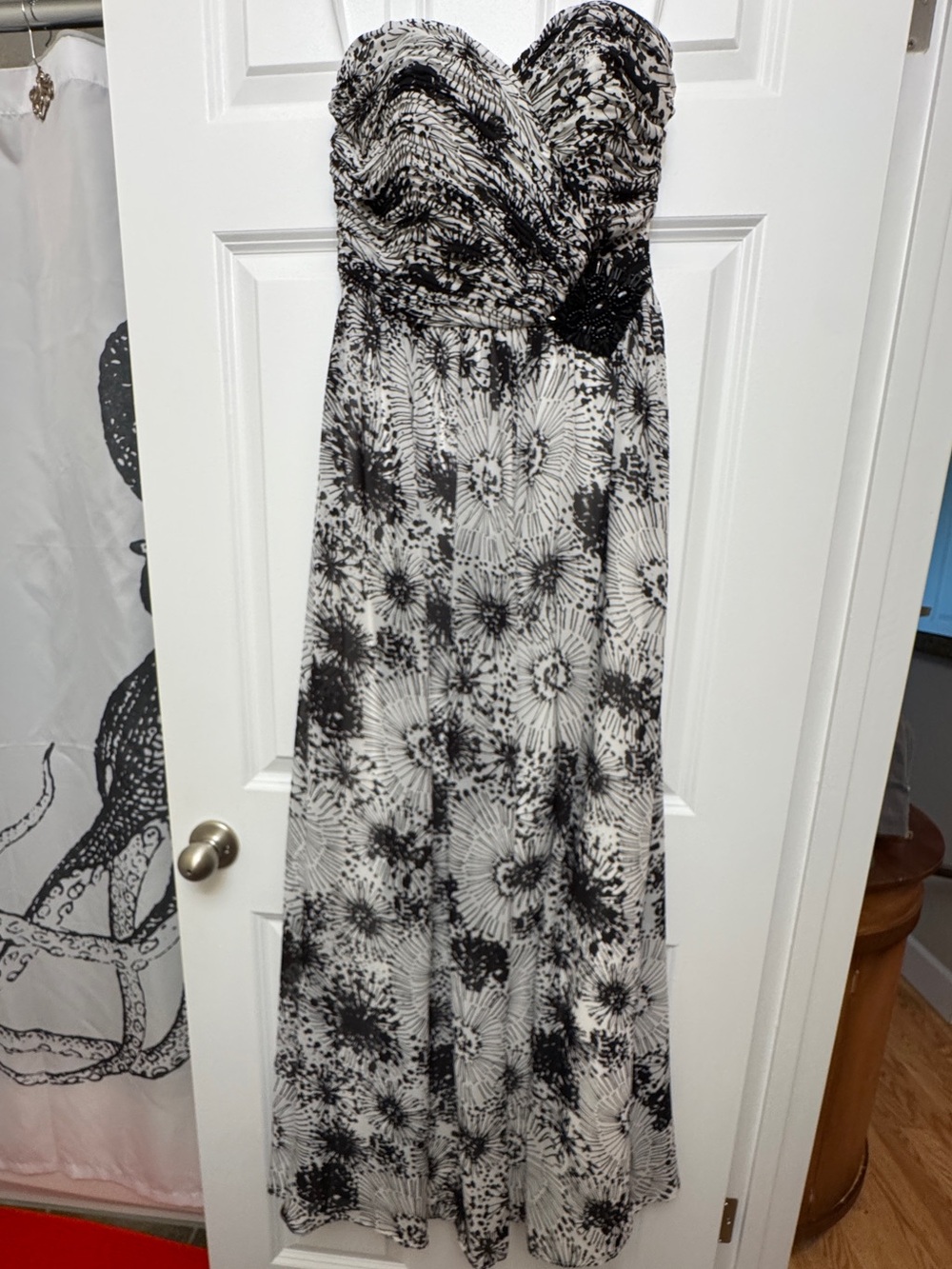 White House Black Market Black and White Strapless Silk Floral Maxi Dress